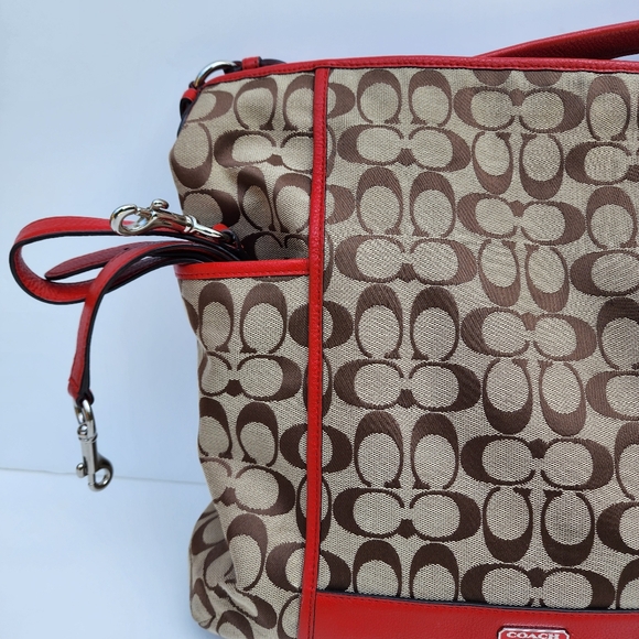 Coach Park Signature Hobo Convertible Shoulder Top Zip Khaki Vermillion Large - Picture 12 of 15